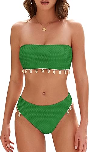 Strapless Bandeau Bikini – Shell Lace-Up 2 Piece Cheeky Bathing Suit