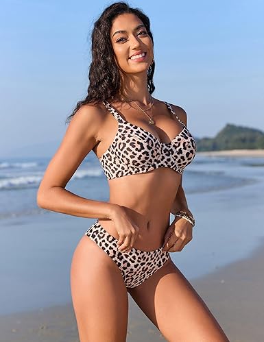 Womens Ribbed Underwire Bikini Set High Cut Colorblock V Notch Swimwear Printed High Leg Swimsuit